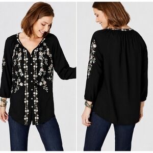 J Jill XL Black Embroidered Floral Peasant Blouse Boho Tassel Tunic Top